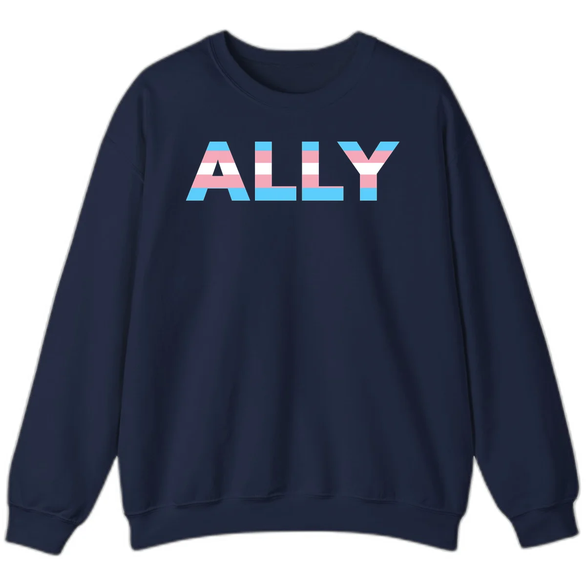 Trans pride flag colors in cyan, pink, and white horizontal stripes forming geometric letters spelling 'ALLY' in Navy