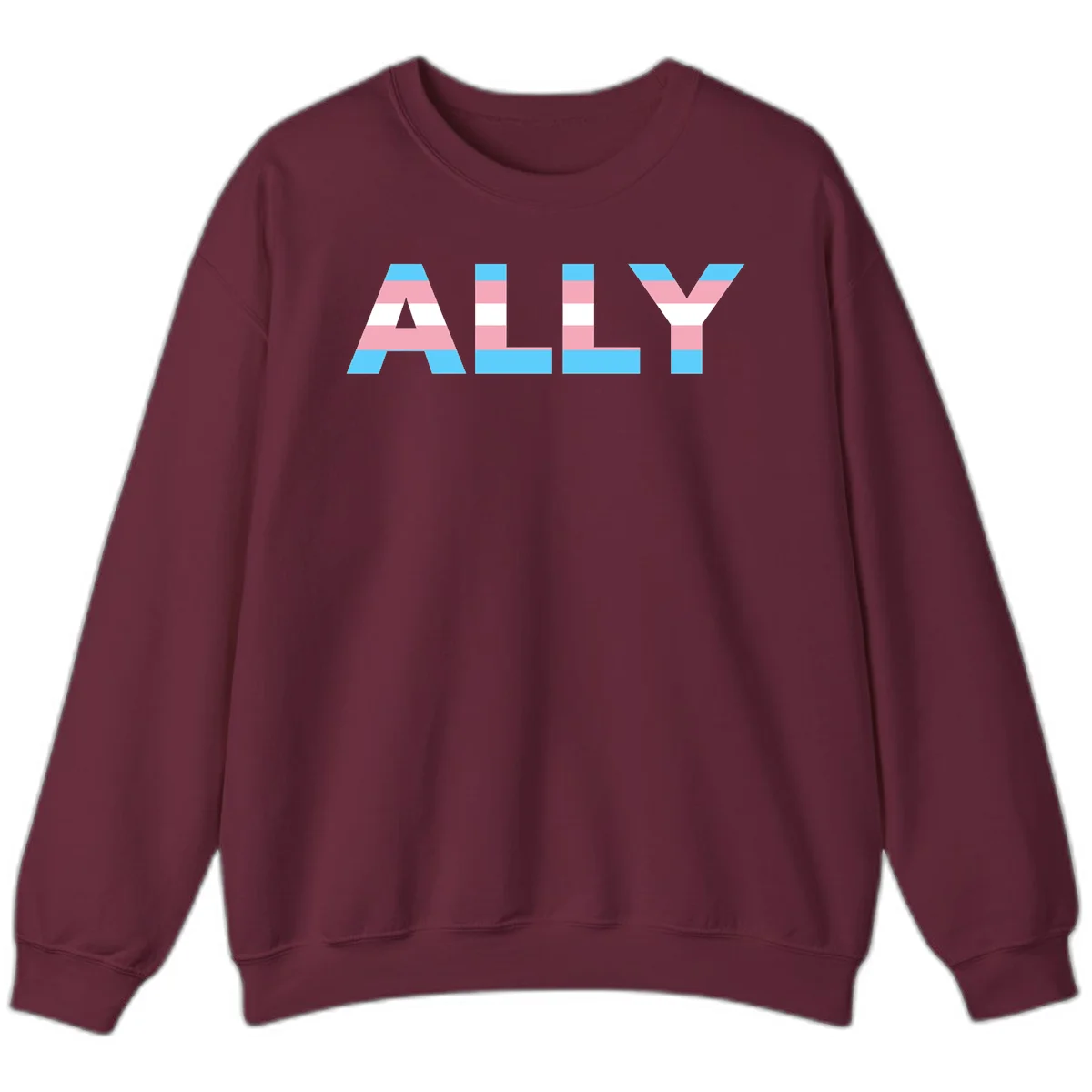 Trans pride flag colors in cyan, pink, and white horizontal stripes forming geometric letters spelling 'ALLY' in Maroon