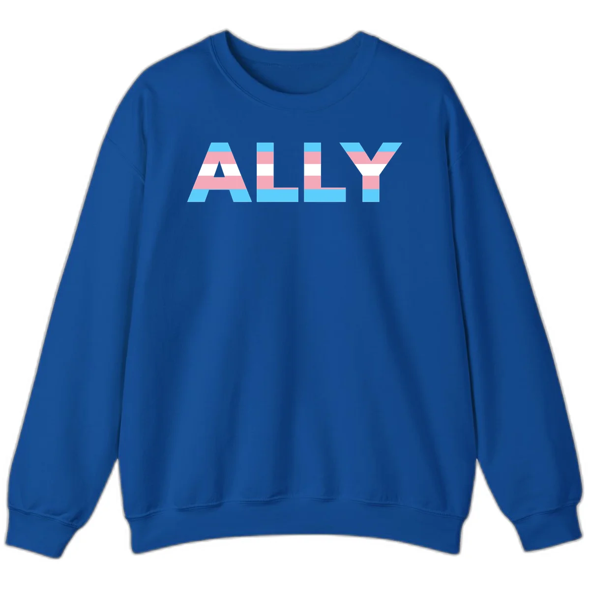 Trans pride flag colors in cyan, pink, and white horizontal stripes forming geometric letters spelling 'ALLY' in Royal
