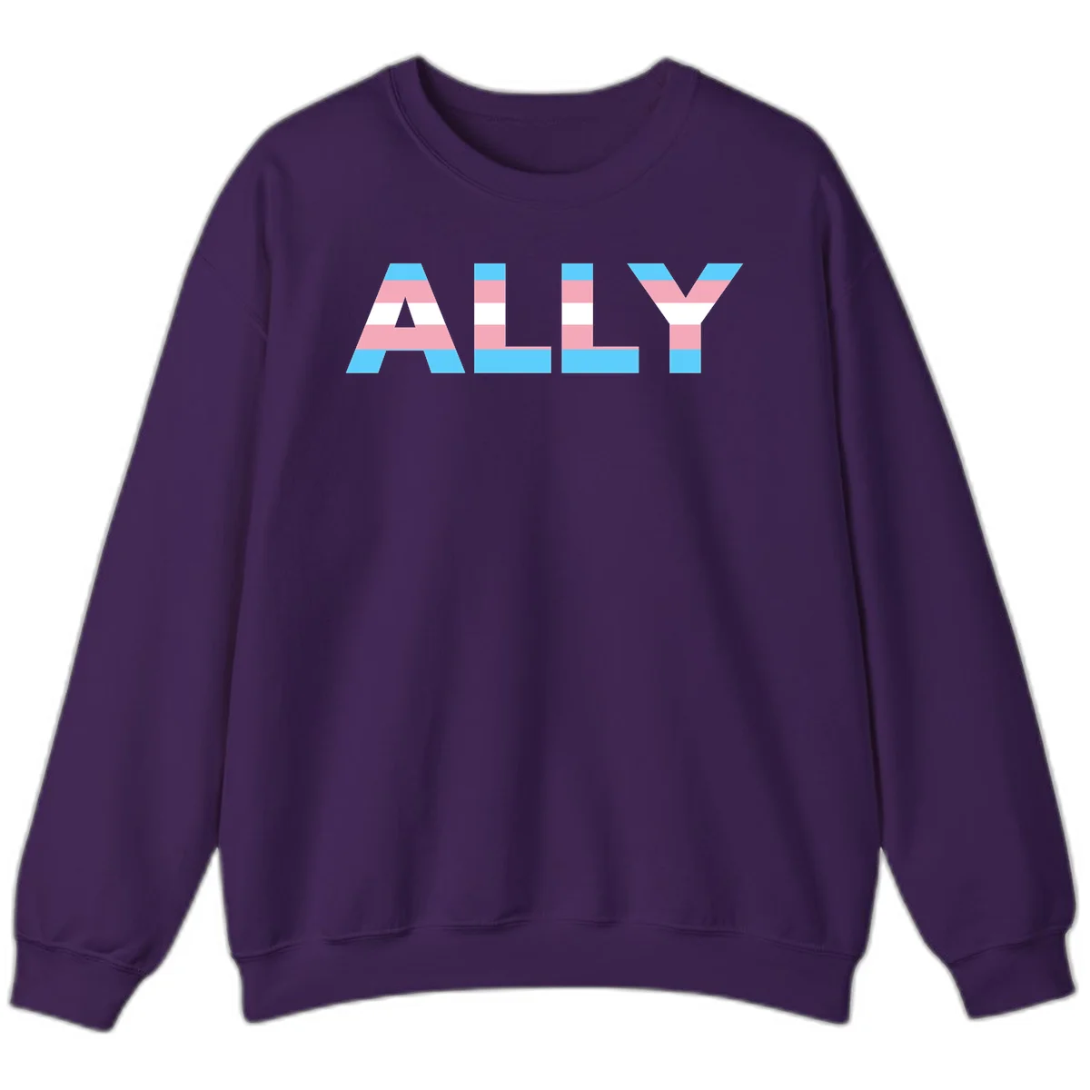 Trans pride flag colors in cyan, pink, and white horizontal stripes forming geometric letters spelling 'ALLY' in Purple