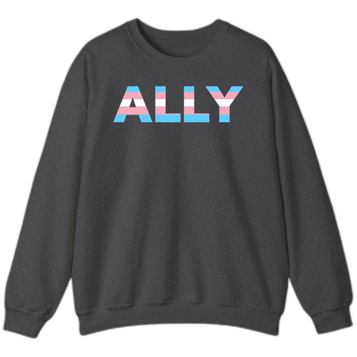 Trans pride flag colors in cyan, pink, and white horizontal stripes forming geometric letters spelling 'ALLY' in Dark Heather