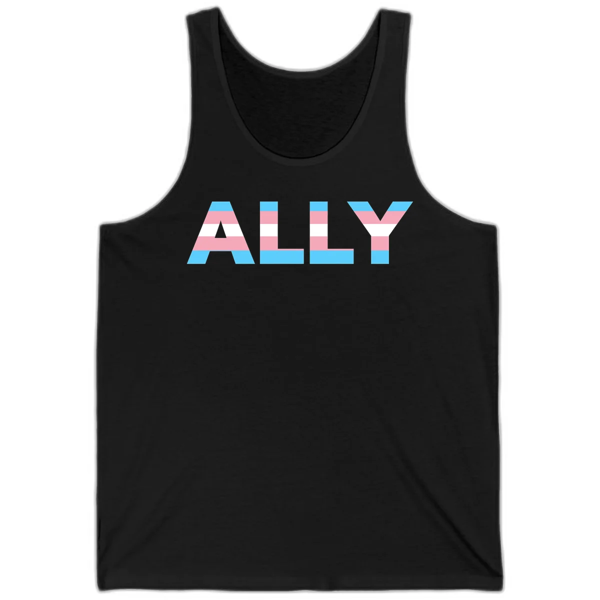 Trans pride flag colors in cyan, pink, and white horizontal stripes forming geometric letters spelling 'ALLY' in Black