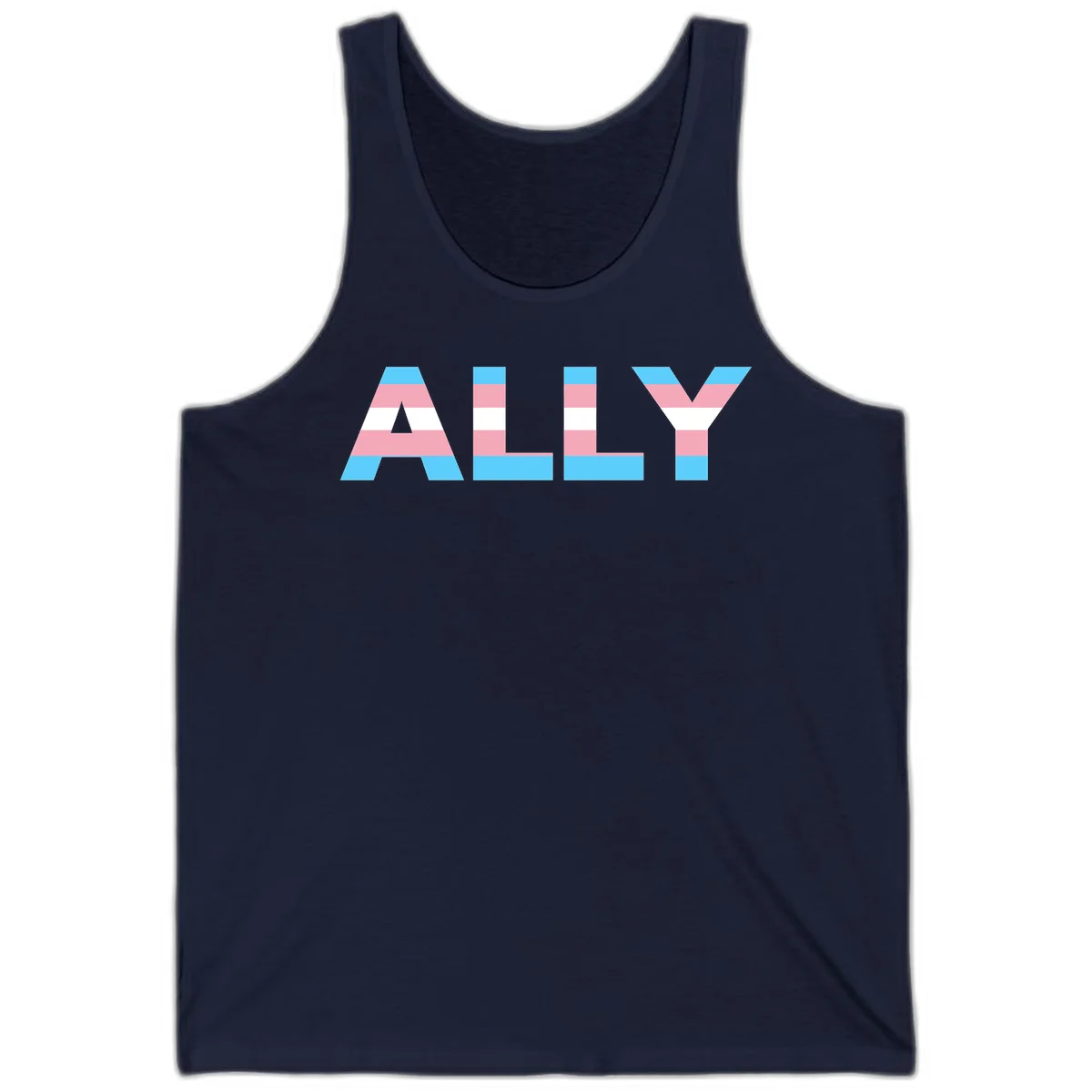 Trans pride flag colors in cyan, pink, and white horizontal stripes forming geometric letters spelling 'ALLY' in Navy