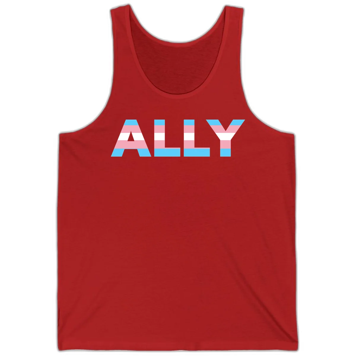 Trans pride flag colors in cyan, pink, and white horizontal stripes forming geometric letters spelling 'ALLY' in Red