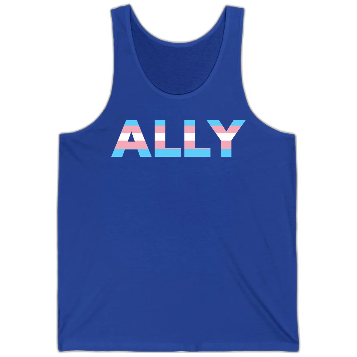 Trans pride flag colors in cyan, pink, and white horizontal stripes forming geometric letters spelling 'ALLY' in True Royal