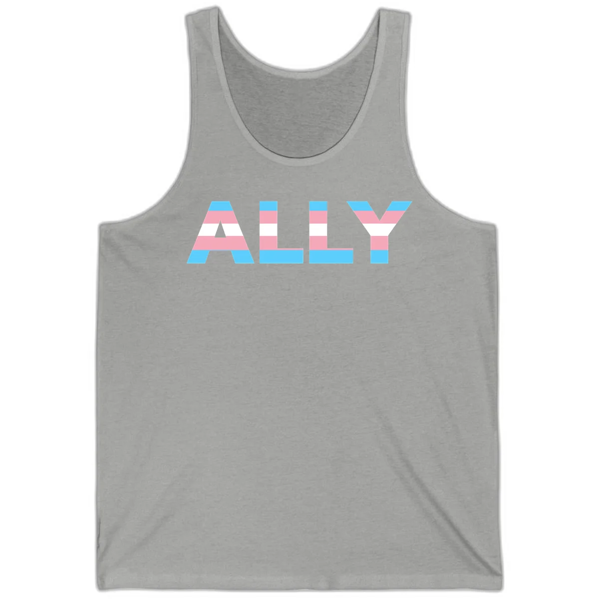 Trans pride flag colors in cyan, pink, and white horizontal stripes forming geometric letters spelling 'ALLY' in Athletic Heather