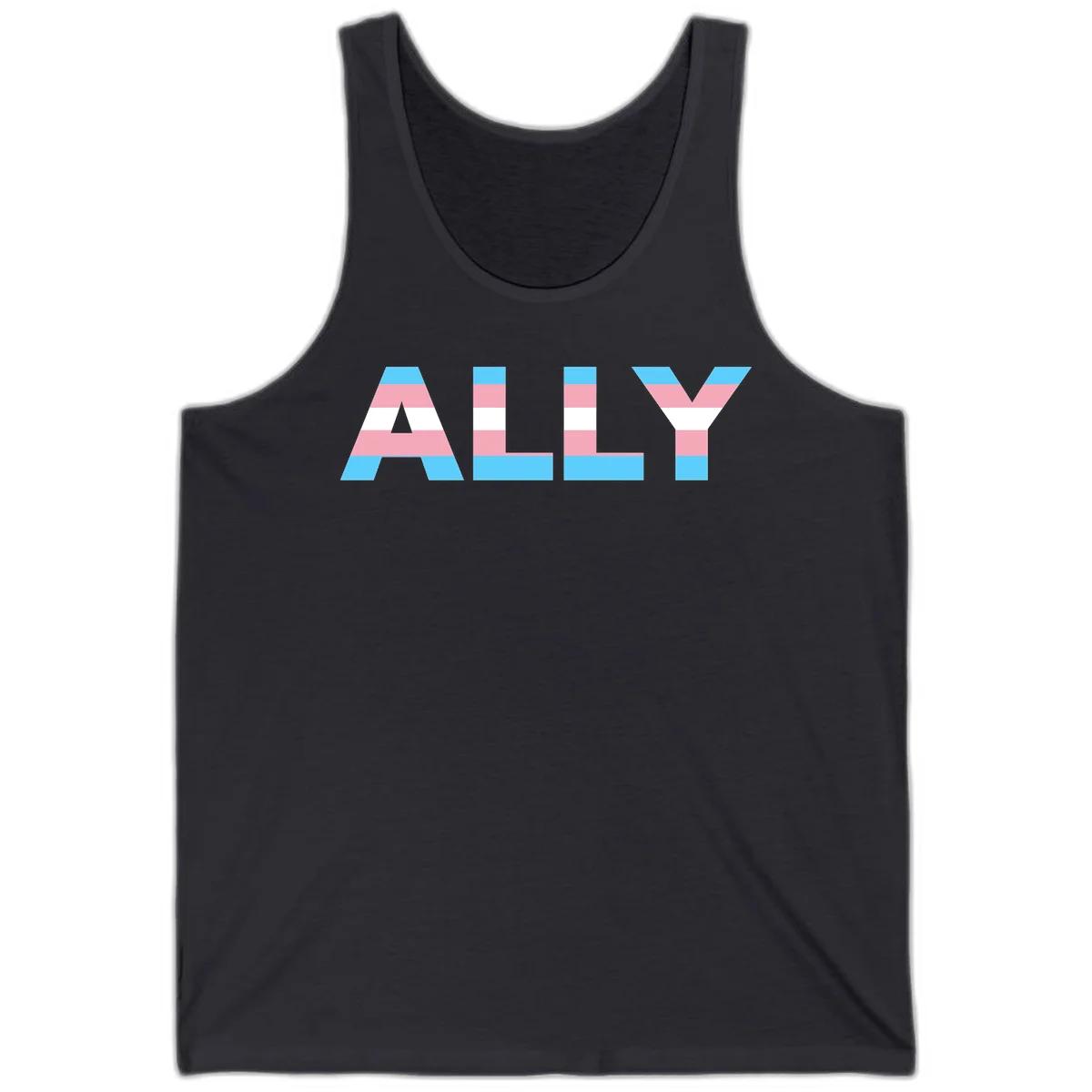 Trans pride flag colors in cyan, pink, and white horizontal stripes forming geometric letters spelling 'ALLY' in Dark Grey