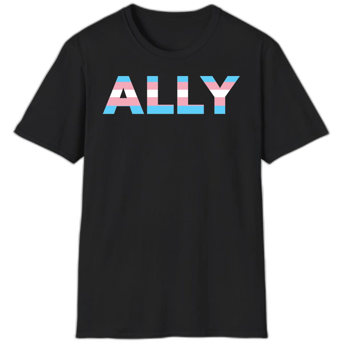 Trans pride flag colors in cyan, pink, and white horizontal stripes forming geometric letters spelling 'ALLY' in Black