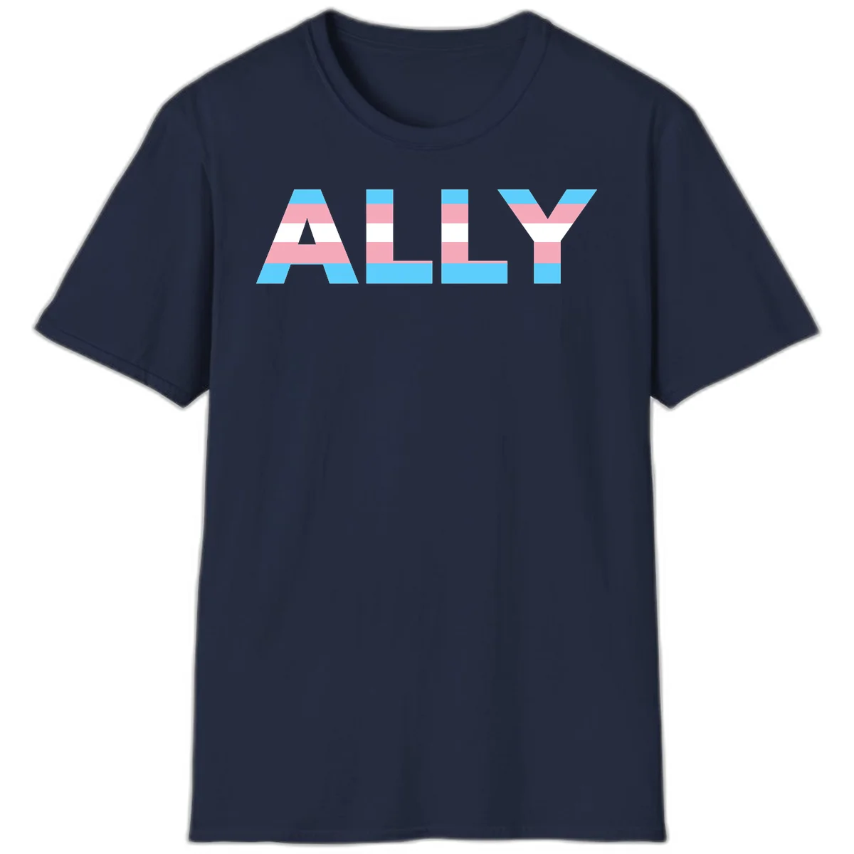 Trans pride flag colors in cyan, pink, and white horizontal stripes forming geometric letters spelling 'ALLY' in Navy