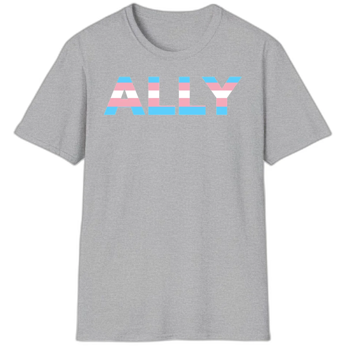 Trans pride flag colors in cyan, pink, and white horizontal stripes forming geometric letters spelling 'ALLY' in Sport Grey