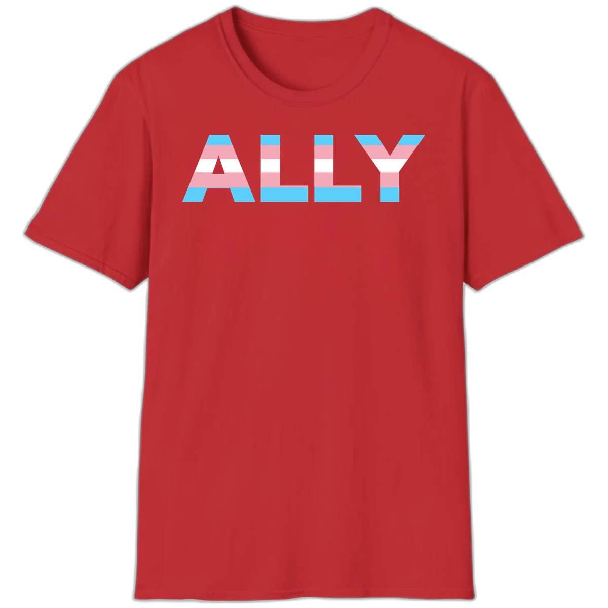 Trans pride flag colors in cyan, pink, and white horizontal stripes forming geometric letters spelling 'ALLY' in Red