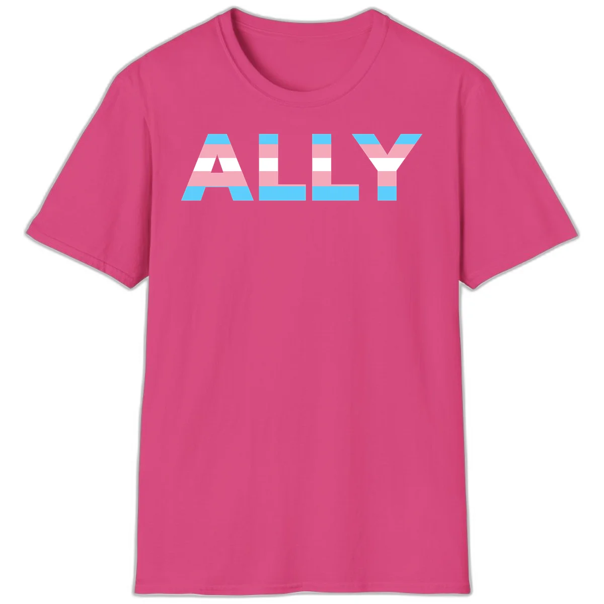 Trans pride flag colors in cyan, pink, and white horizontal stripes forming geometric letters spelling 'ALLY' in Heliconia