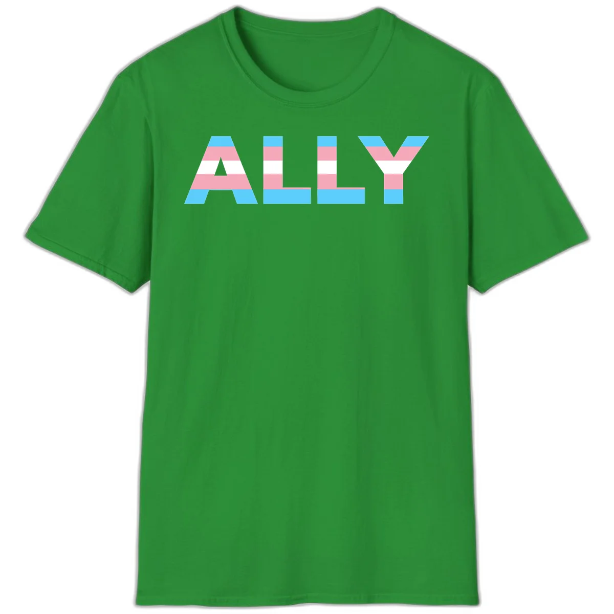 Trans pride flag colors in cyan, pink, and white horizontal stripes forming geometric letters spelling 'ALLY' in Irish Green