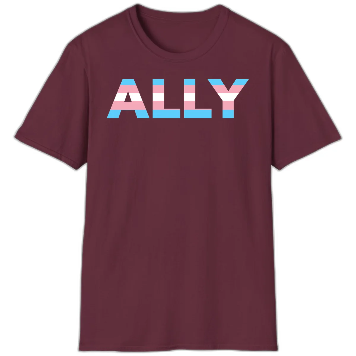 Trans pride flag colors in cyan, pink, and white horizontal stripes forming geometric letters spelling 'ALLY' in Maroon