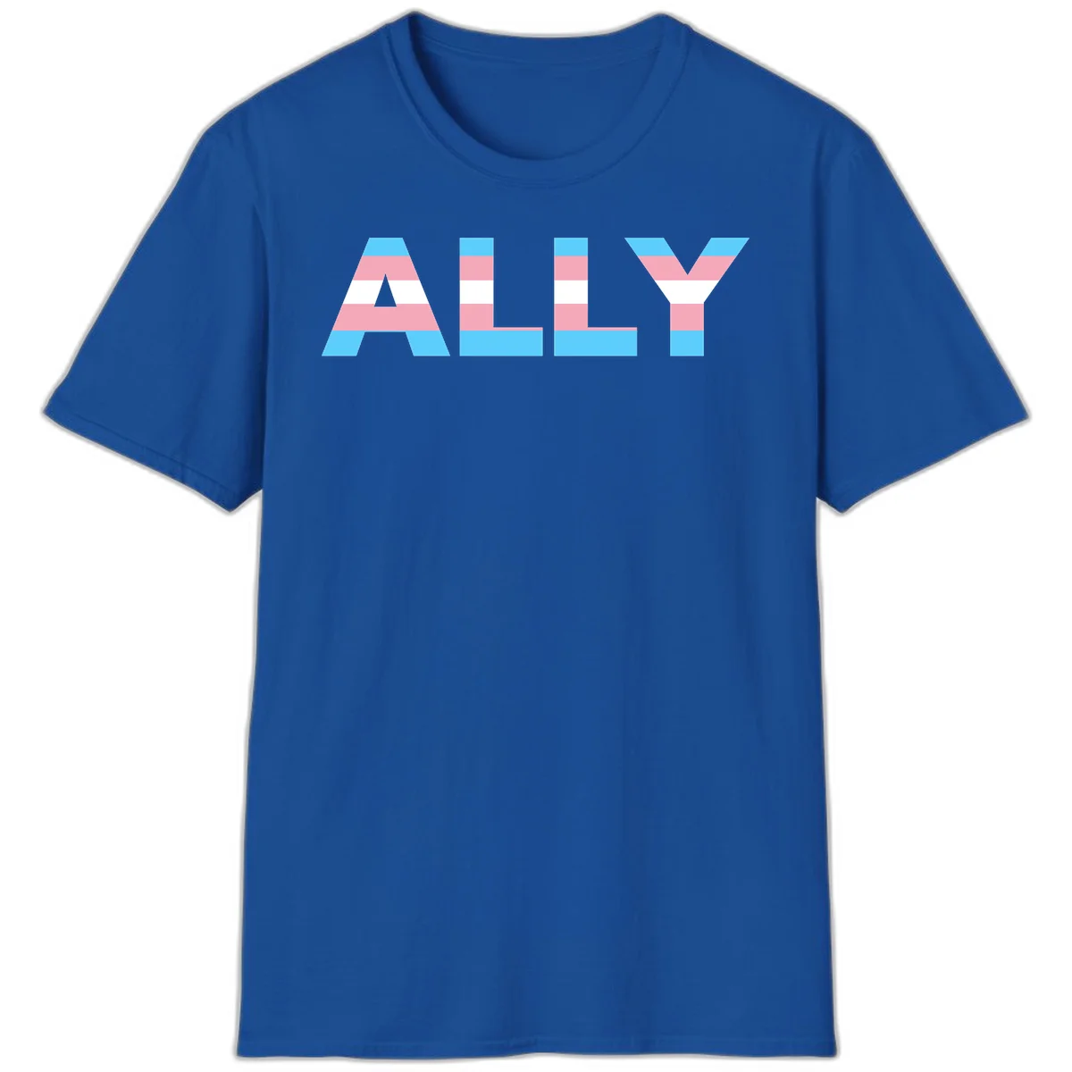 Trans pride flag colors in cyan, pink, and white horizontal stripes forming geometric letters spelling 'ALLY' in Royal