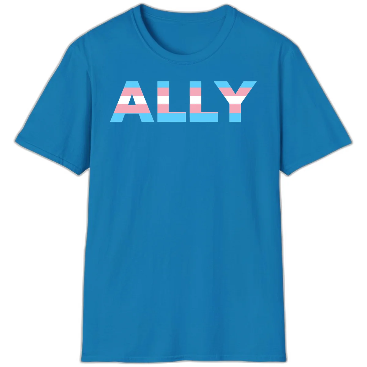 Trans pride flag colors in cyan, pink, and white horizontal stripes forming geometric letters spelling 'ALLY' in Sapphire