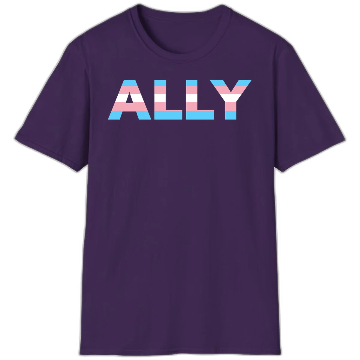 Trans pride flag colors in cyan, pink, and white horizontal stripes forming geometric letters spelling 'ALLY' in Purple