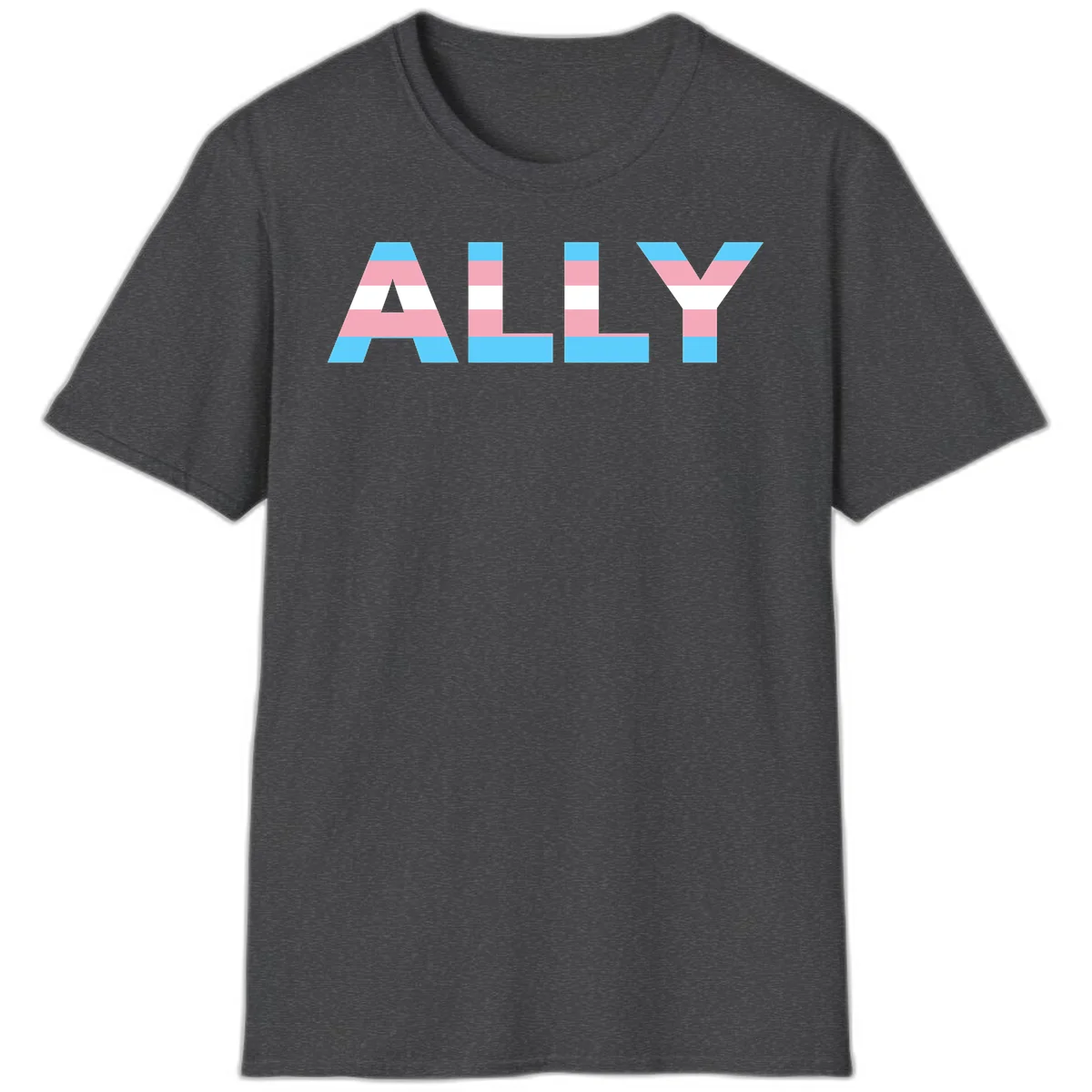 Trans pride flag colors in cyan, pink, and white horizontal stripes forming geometric letters spelling 'ALLY' in Dark Heather