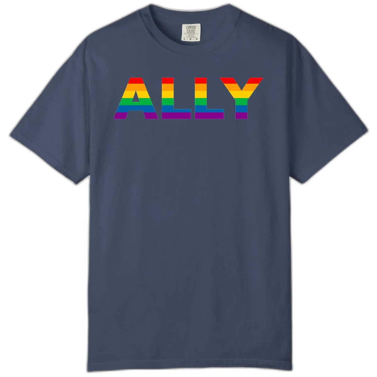 Rainbow-colored letters spelling ALLY with pride flag horizontal stripes in red, orange, yellow, green, blue, and purple in Midnight