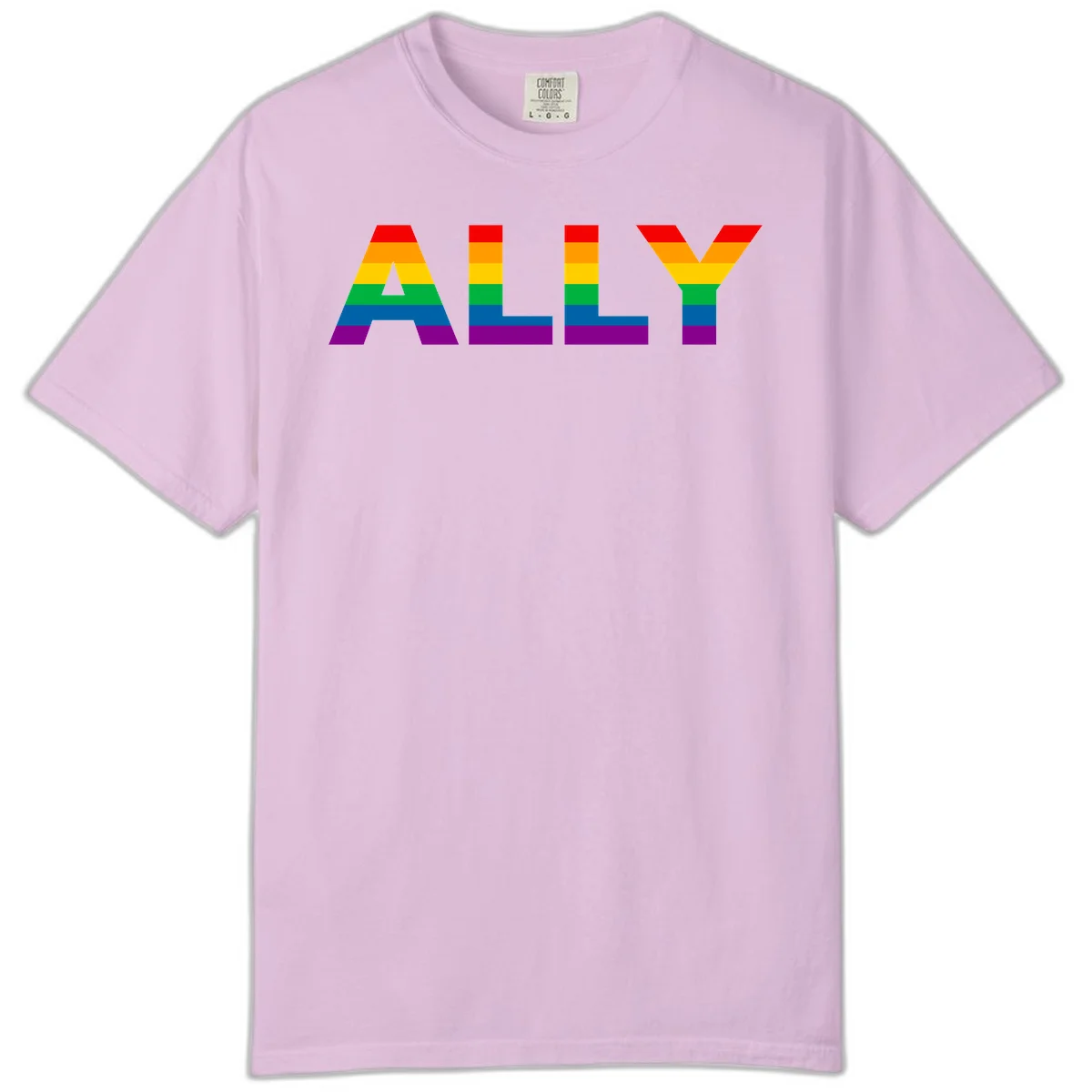 Rainbow-colored letters spelling ALLY with pride flag horizontal stripes in red, orange, yellow, green, blue, and purple in Orchid