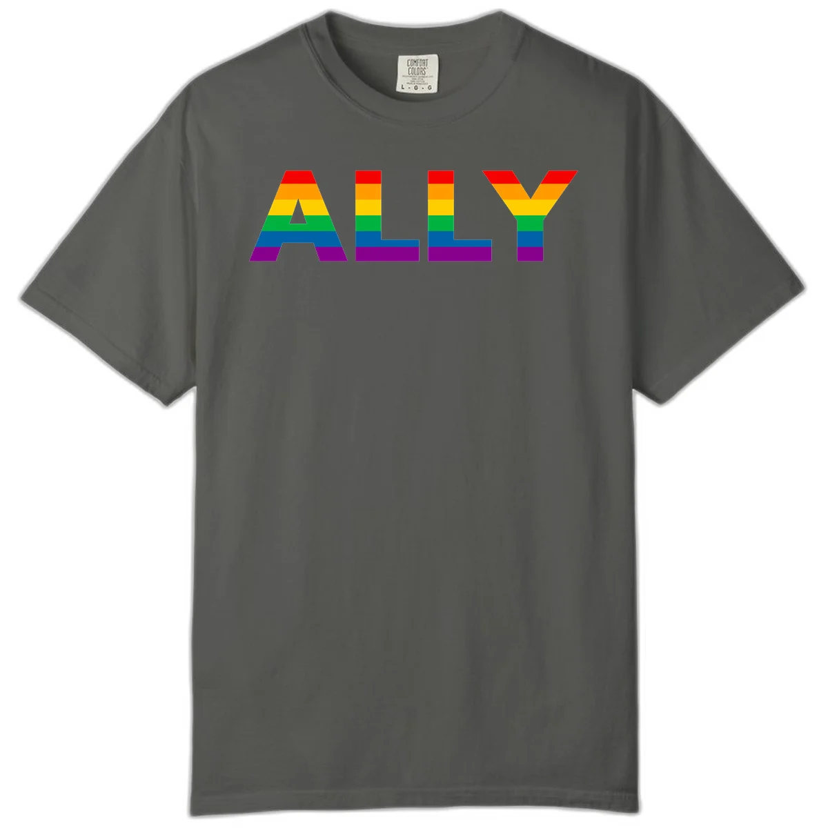 Rainbow-colored letters spelling ALLY with pride flag horizontal stripes in red, orange, yellow, green, blue, and purple in Pepper