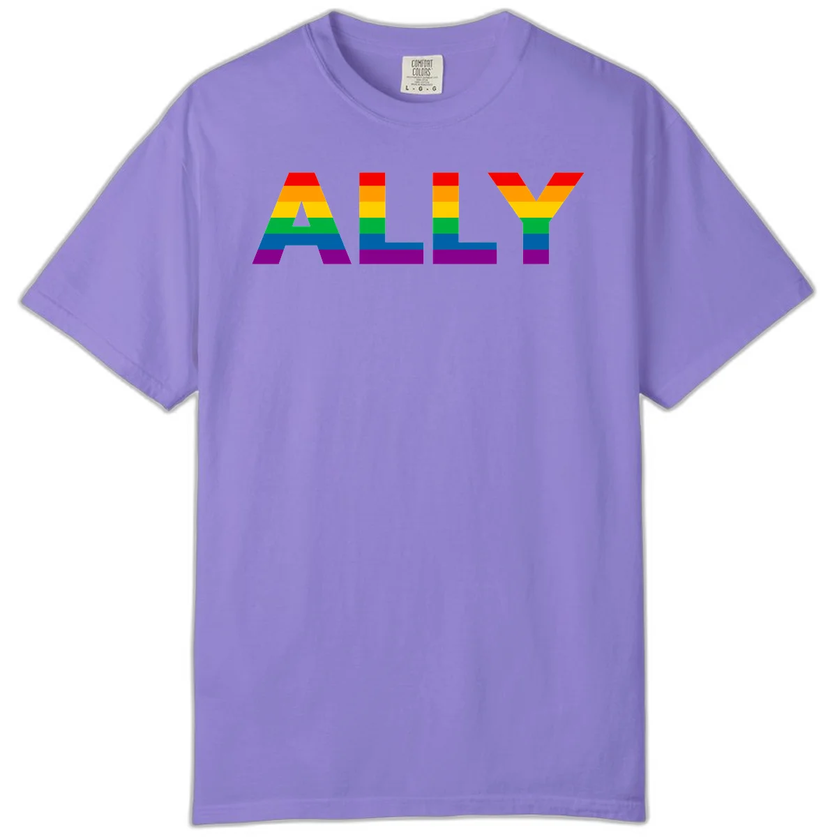 Rainbow-colored letters spelling ALLY with pride flag horizontal stripes in red, orange, yellow, green, blue, and purple in Violet