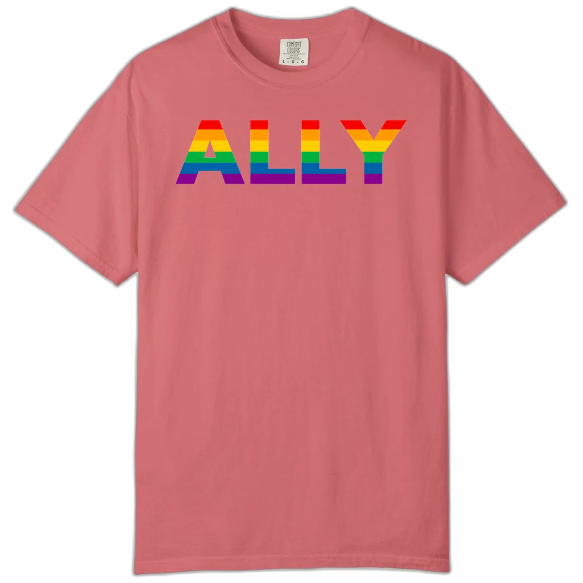 Rainbow-colored letters spelling ALLY with pride flag horizontal stripes in red, orange, yellow, green, blue, and purple in Watermelon