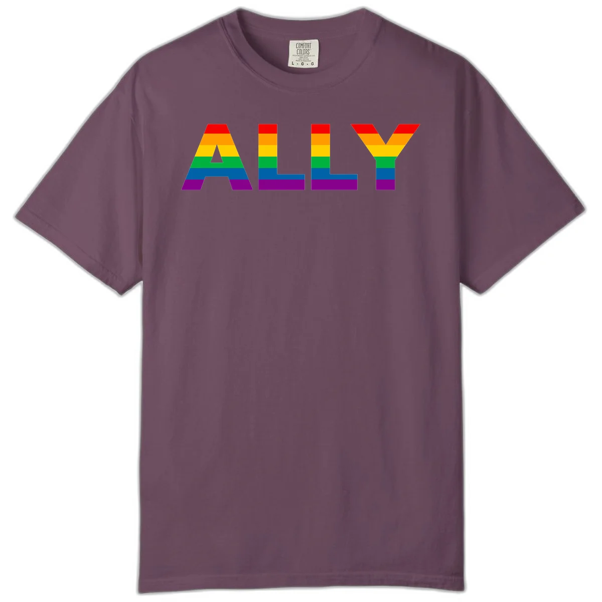 Rainbow-colored letters spelling ALLY with pride flag horizontal stripes in red, orange, yellow, green, blue, and purple in Berry