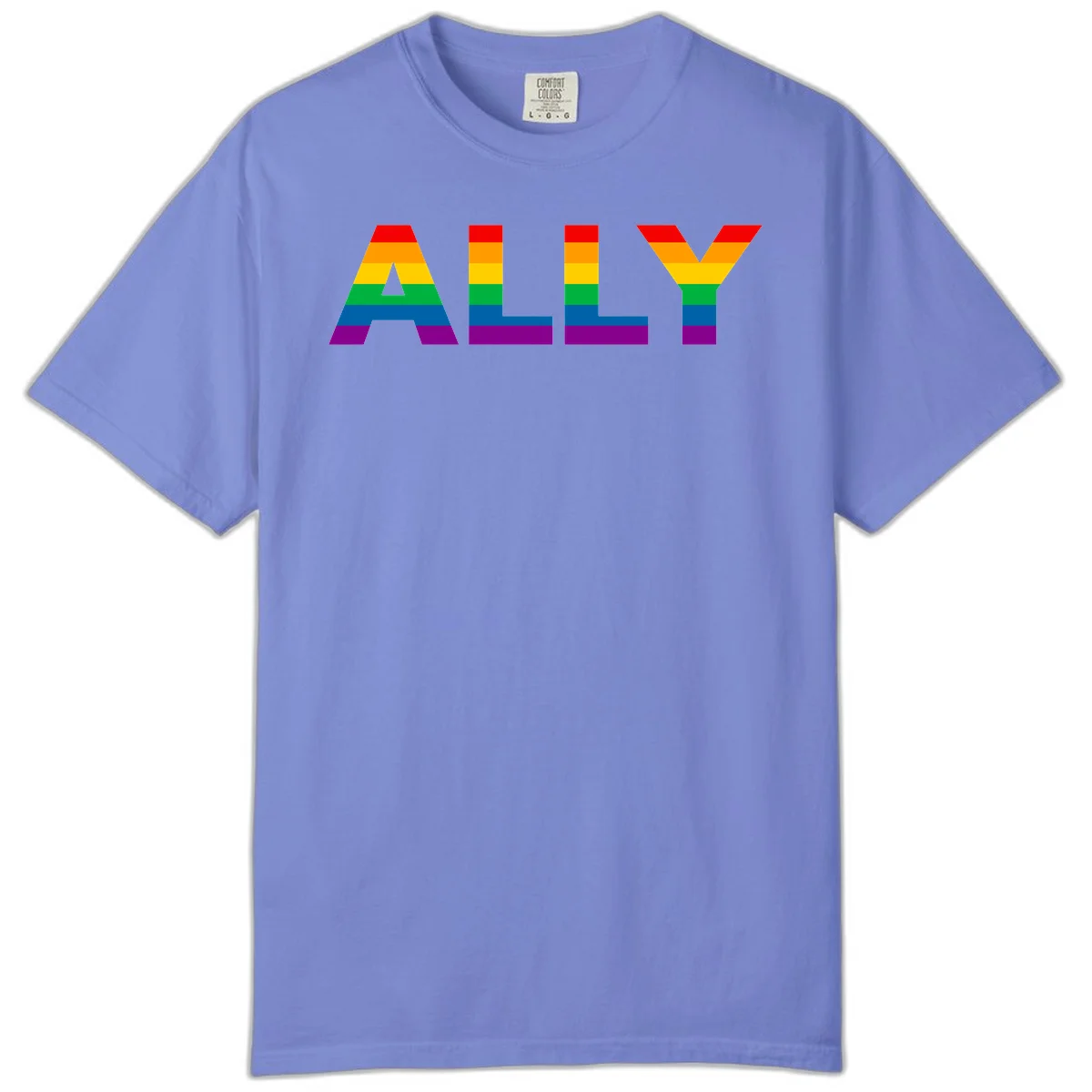 Rainbow-colored letters spelling ALLY with pride flag horizontal stripes in red, orange, yellow, green, blue, and purple in Flo Blue