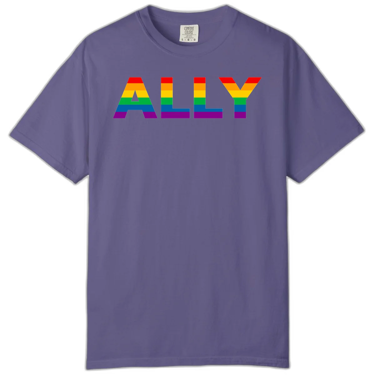 Rainbow-colored letters spelling ALLY with pride flag horizontal stripes in red, orange, yellow, green, blue, and purple in Grape