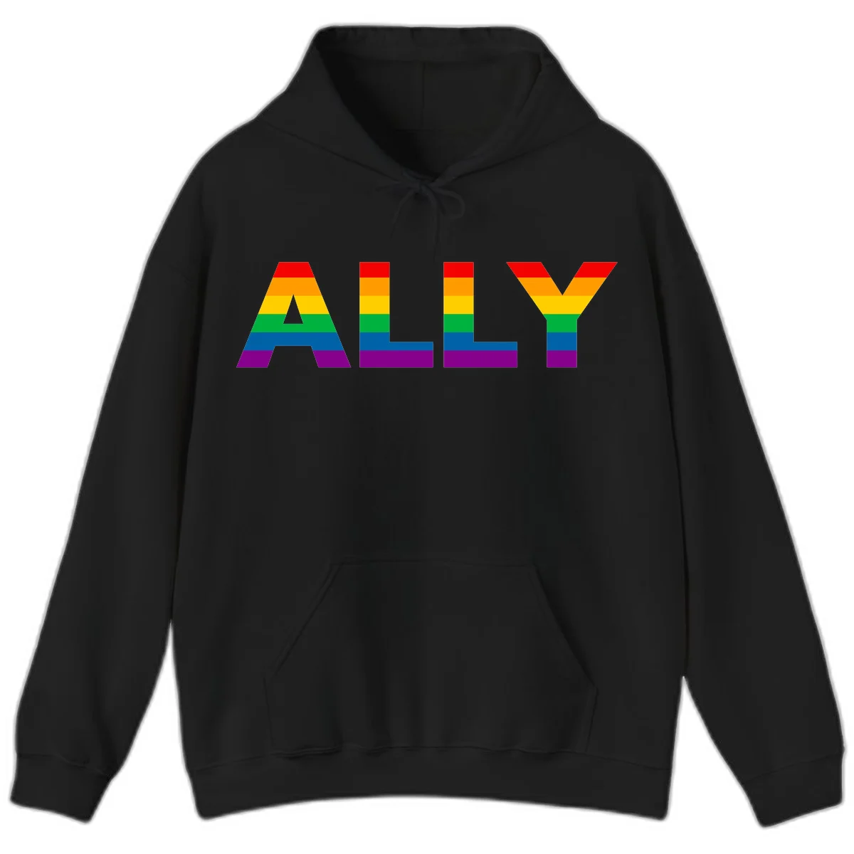 Rainbow-colored letters spelling ALLY with pride flag horizontal stripes in red, orange, yellow, green, blue, and purple in Black