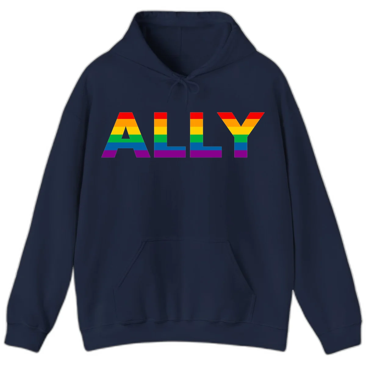Rainbow-colored letters spelling ALLY with pride flag horizontal stripes in red, orange, yellow, green, blue, and purple in Navy