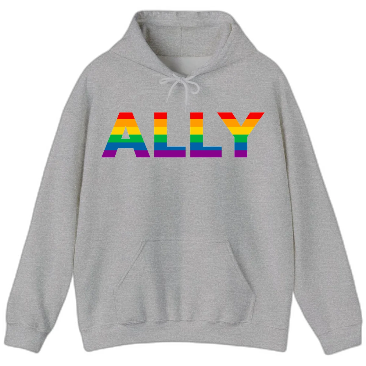 Rainbow-colored letters spelling ALLY with pride flag horizontal stripes in red, orange, yellow, green, blue, and purple in Sport Grey