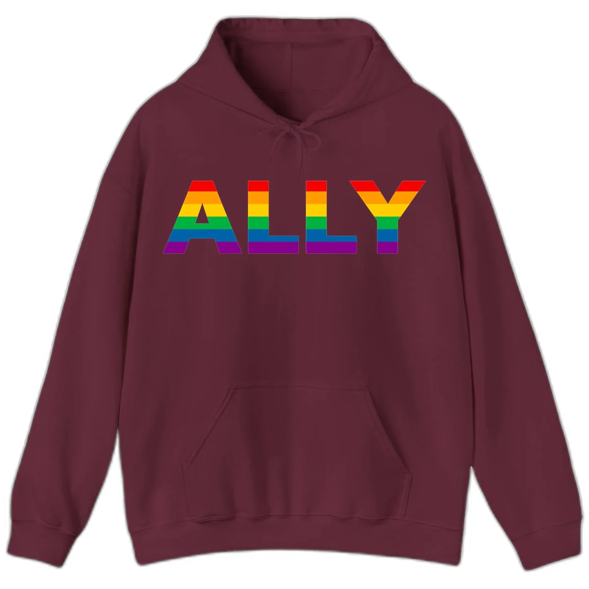 Rainbow-colored letters spelling ALLY with pride flag horizontal stripes in red, orange, yellow, green, blue, and purple in Maroon