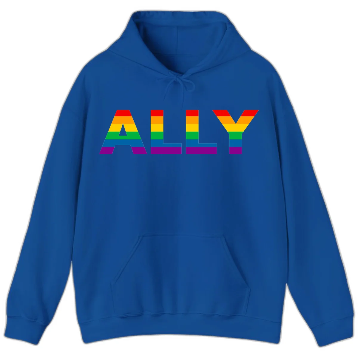Rainbow-colored letters spelling ALLY with pride flag horizontal stripes in red, orange, yellow, green, blue, and purple in Royal