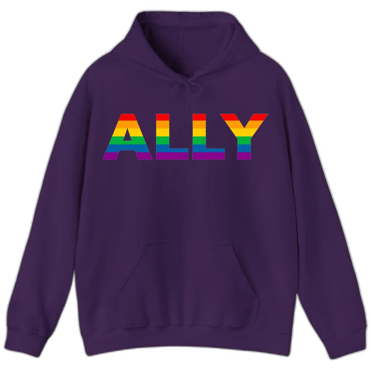 Rainbow-colored letters spelling ALLY with pride flag horizontal stripes in red, orange, yellow, green, blue, and purple in Purple