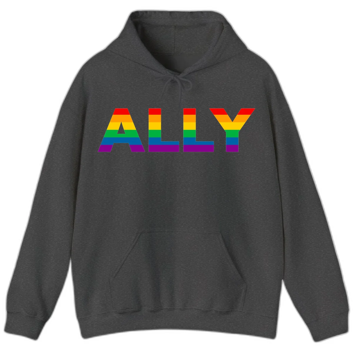 Rainbow-colored letters spelling ALLY with pride flag horizontal stripes in red, orange, yellow, green, blue, and purple in Dark Heather