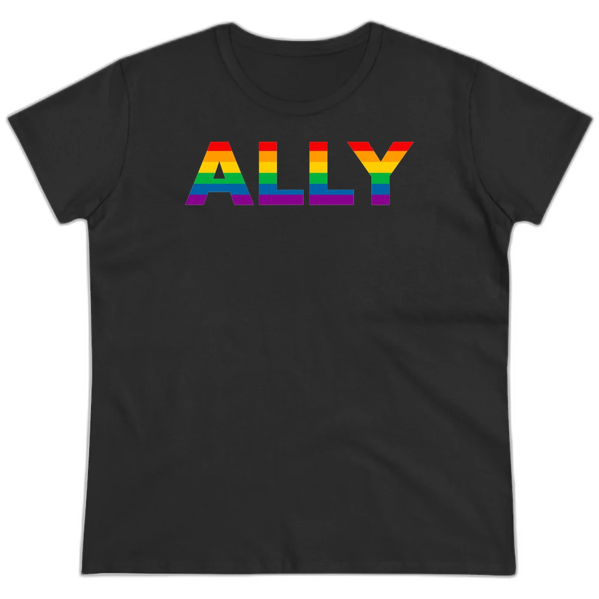 Rainbow-colored letters spelling ALLY with pride flag horizontal stripes in red, orange, yellow, green, blue, and purple in Black