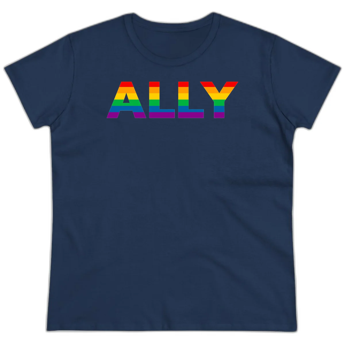 Rainbow-colored letters spelling ALLY with pride flag horizontal stripes in red, orange, yellow, green, blue, and purple in Navy
