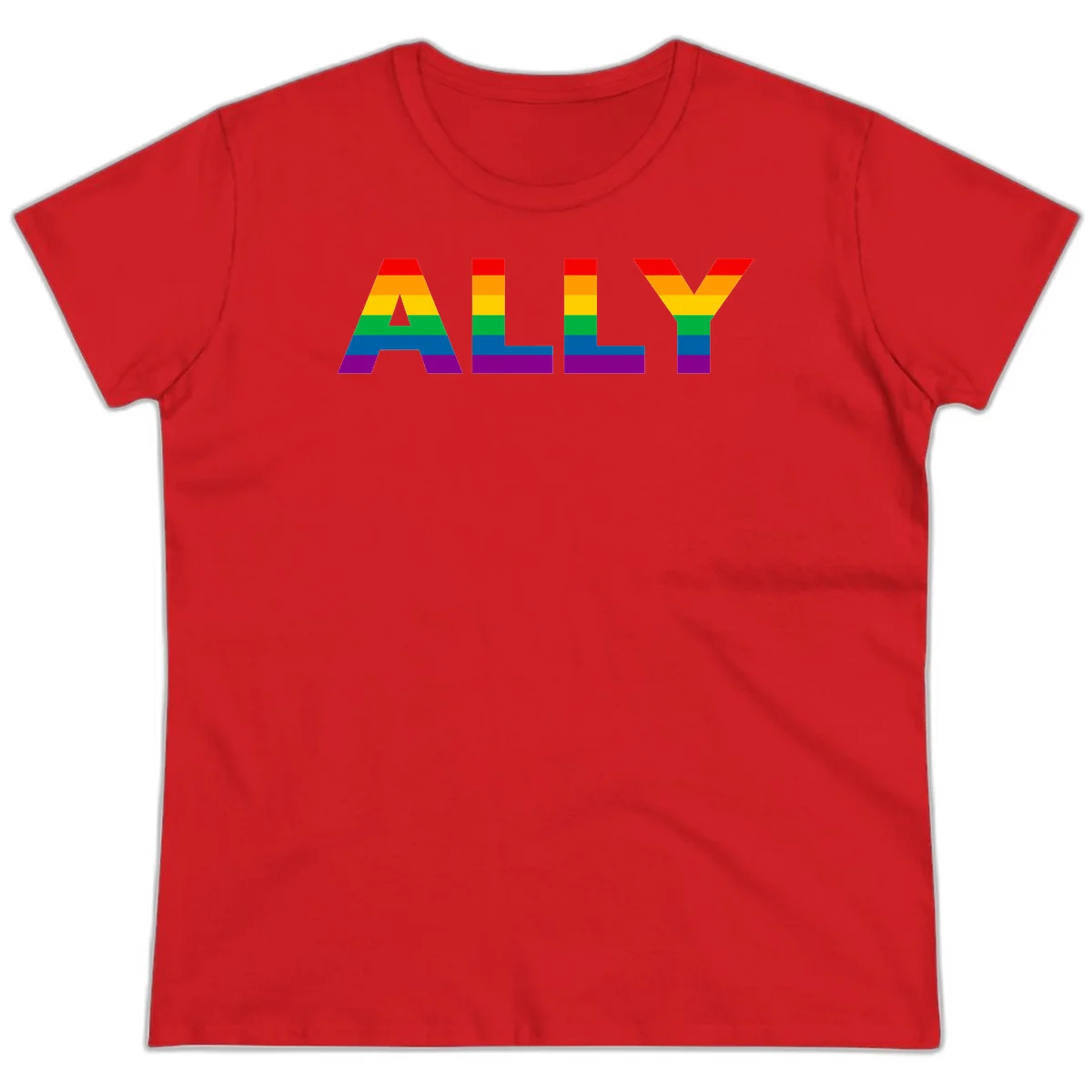 Rainbow-colored letters spelling ALLY with pride flag horizontal stripes in red, orange, yellow, green, blue, and purple in Red