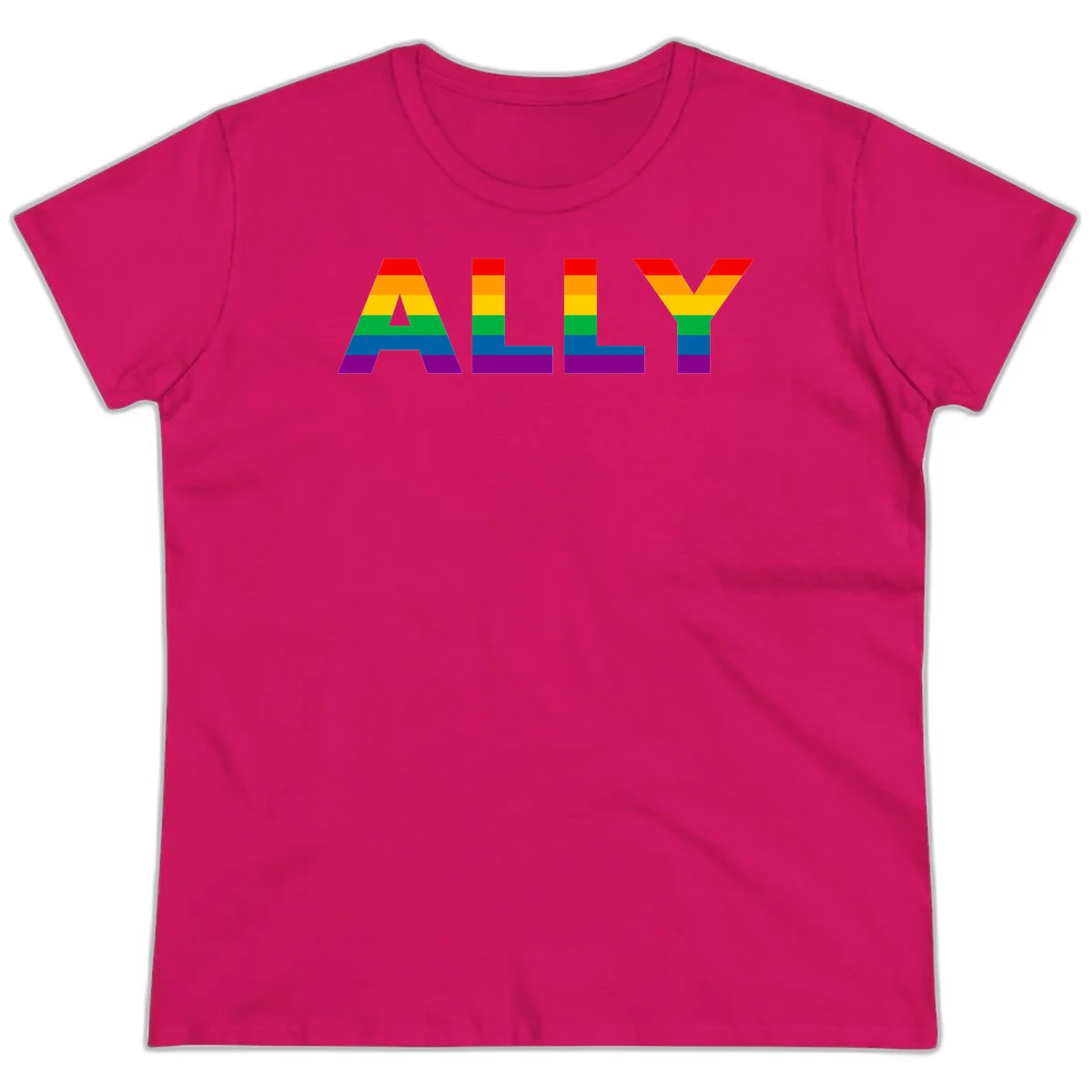 Rainbow-colored letters spelling ALLY with pride flag horizontal stripes in red, orange, yellow, green, blue, and purple in Heliconia