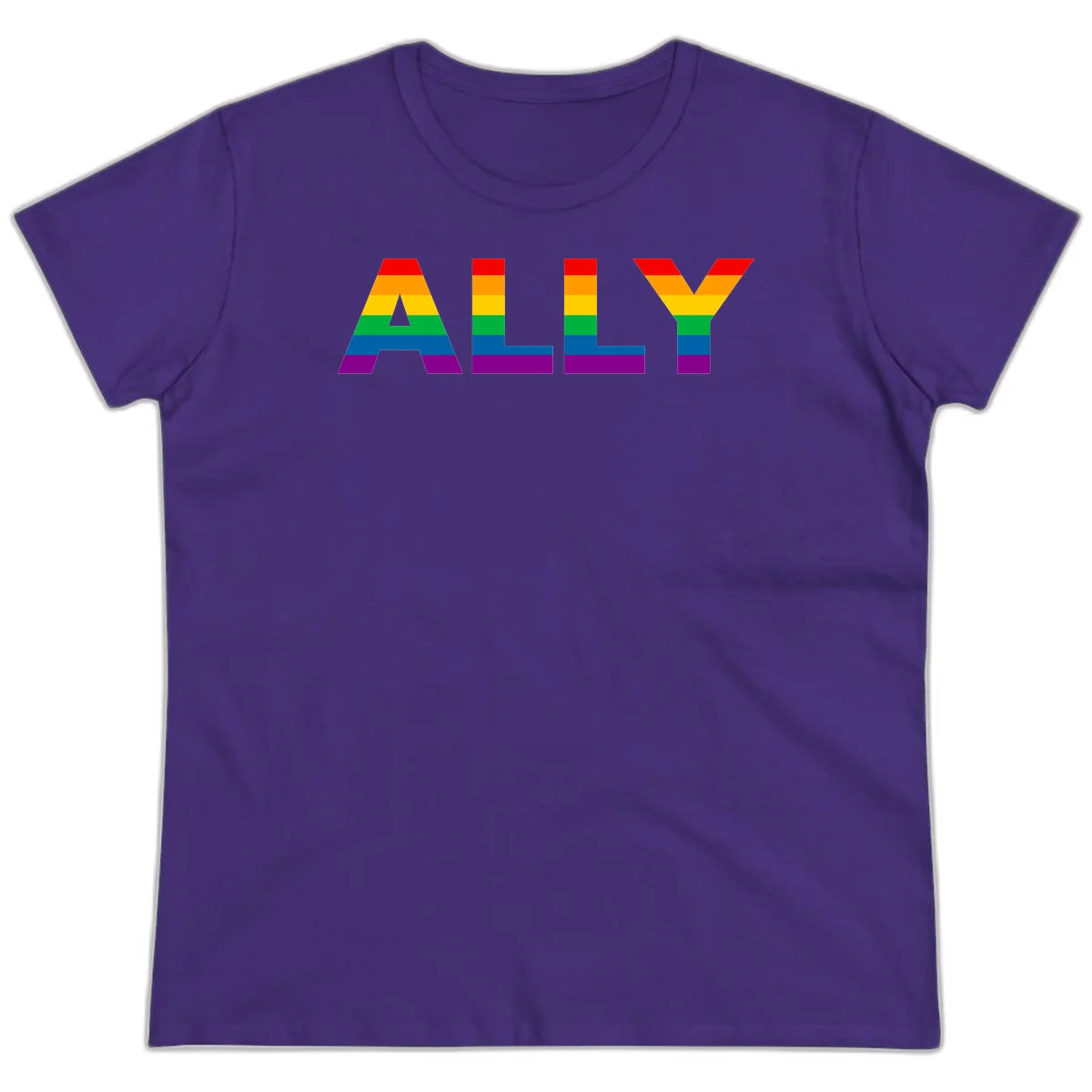 Rainbow-colored letters spelling ALLY with pride flag horizontal stripes in red, orange, yellow, green, blue, and purple in Purple