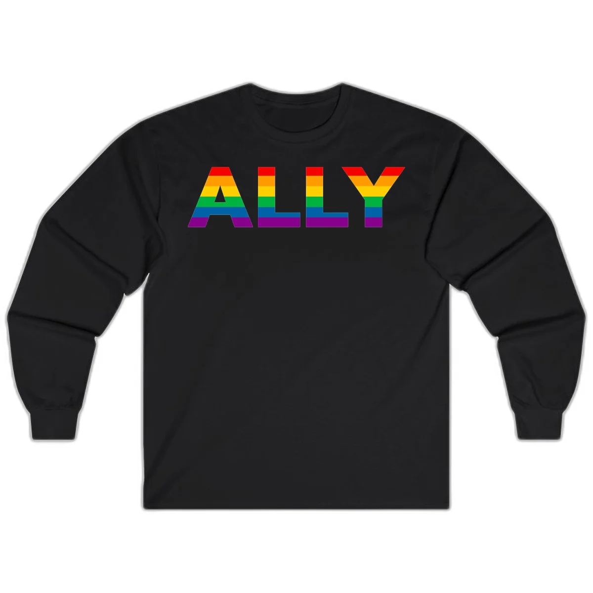 Rainbow-colored letters spelling ALLY with pride flag horizontal stripes in red, orange, yellow, green, blue, and purple in Black