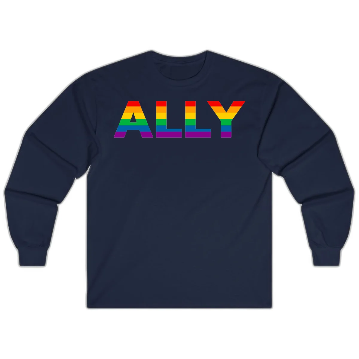 Rainbow-colored letters spelling ALLY with pride flag horizontal stripes in red, orange, yellow, green, blue, and purple in Navy
