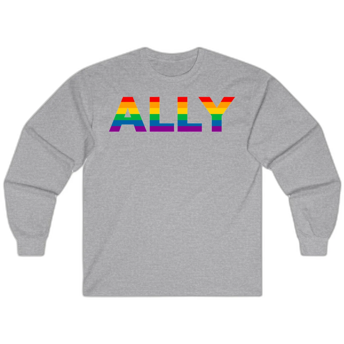 Rainbow-colored letters spelling ALLY with pride flag horizontal stripes in red, orange, yellow, green, blue, and purple in Sport Grey