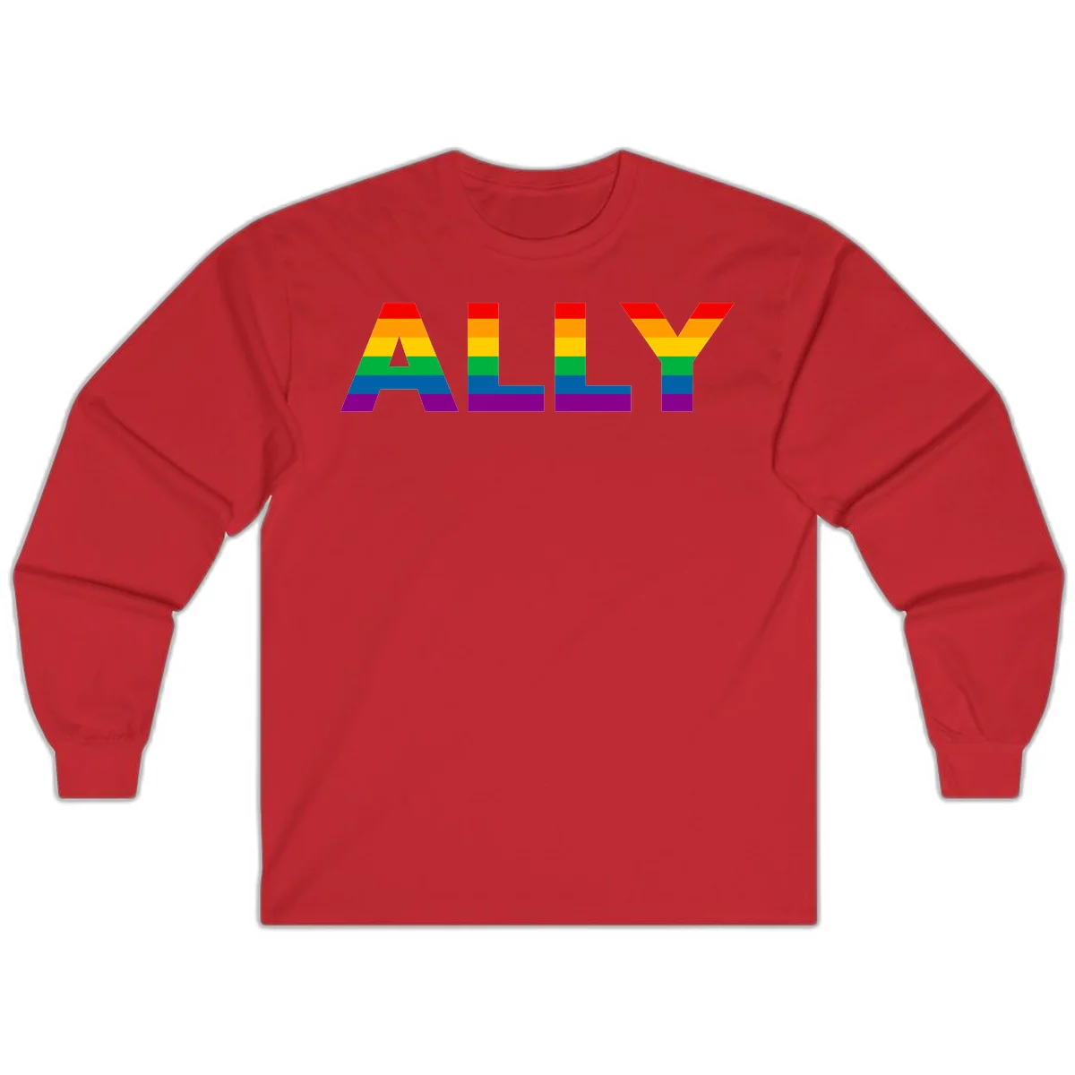 Rainbow-colored letters spelling ALLY with pride flag horizontal stripes in red, orange, yellow, green, blue, and purple in Red