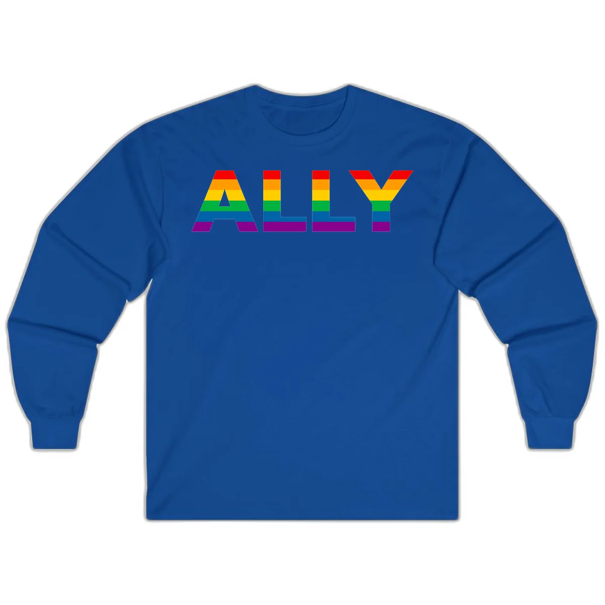 Rainbow-colored letters spelling ALLY with pride flag horizontal stripes in red, orange, yellow, green, blue, and purple in Royal