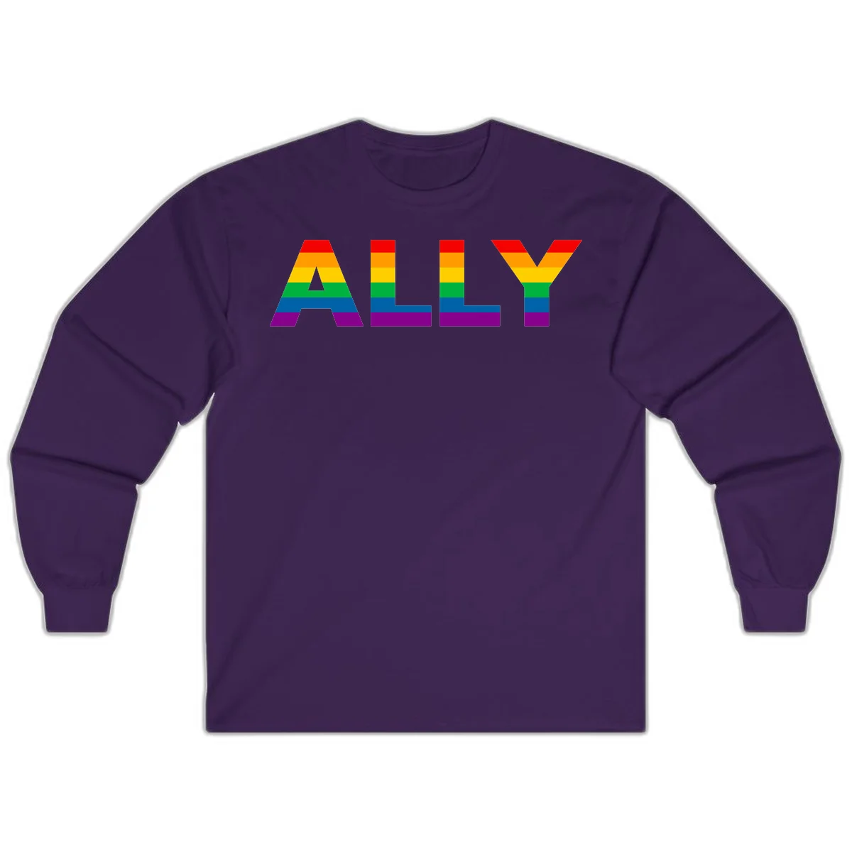 Rainbow-colored letters spelling ALLY with pride flag horizontal stripes in red, orange, yellow, green, blue, and purple in Purple