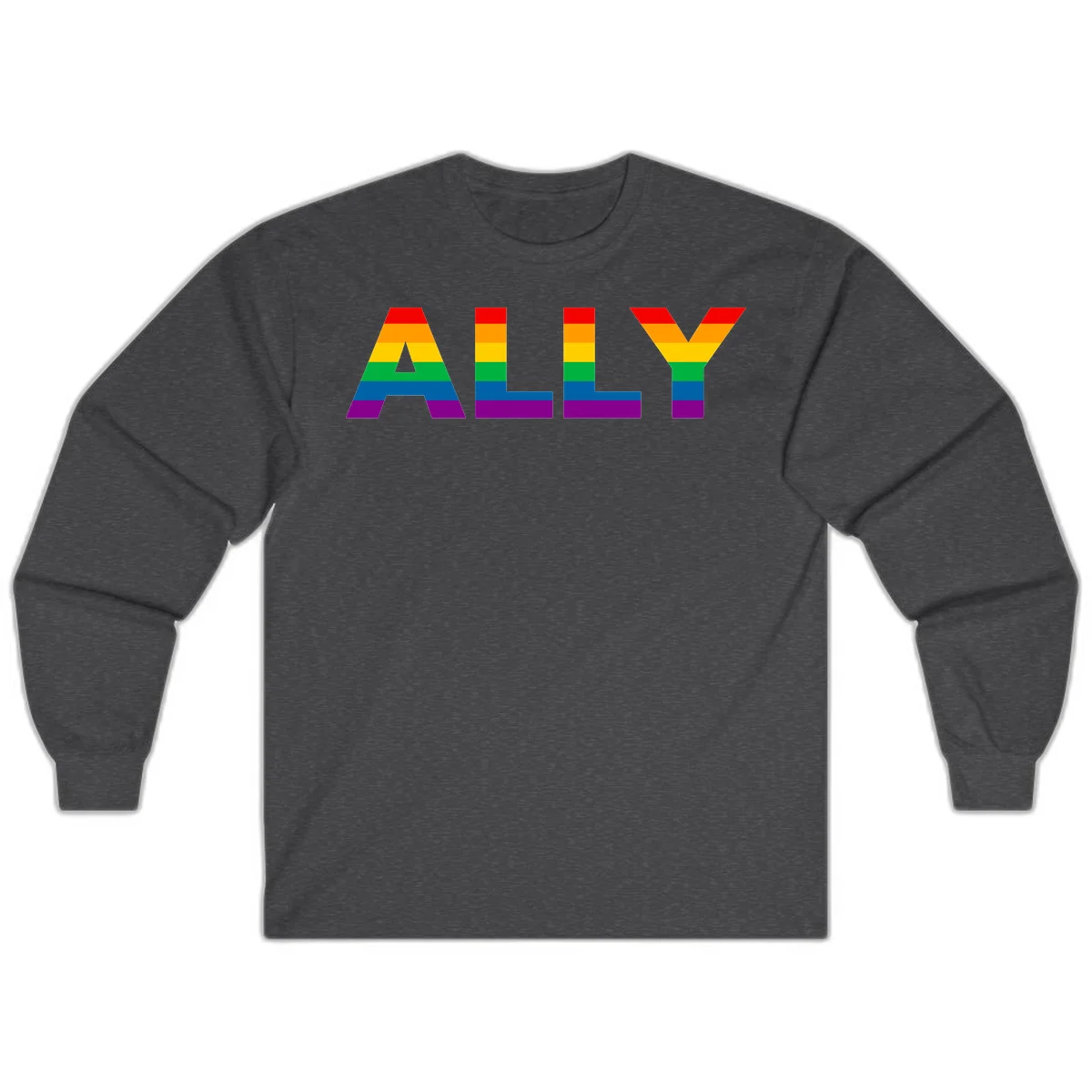Rainbow-colored letters spelling ALLY with pride flag horizontal stripes in red, orange, yellow, green, blue, and purple in Dark Heather