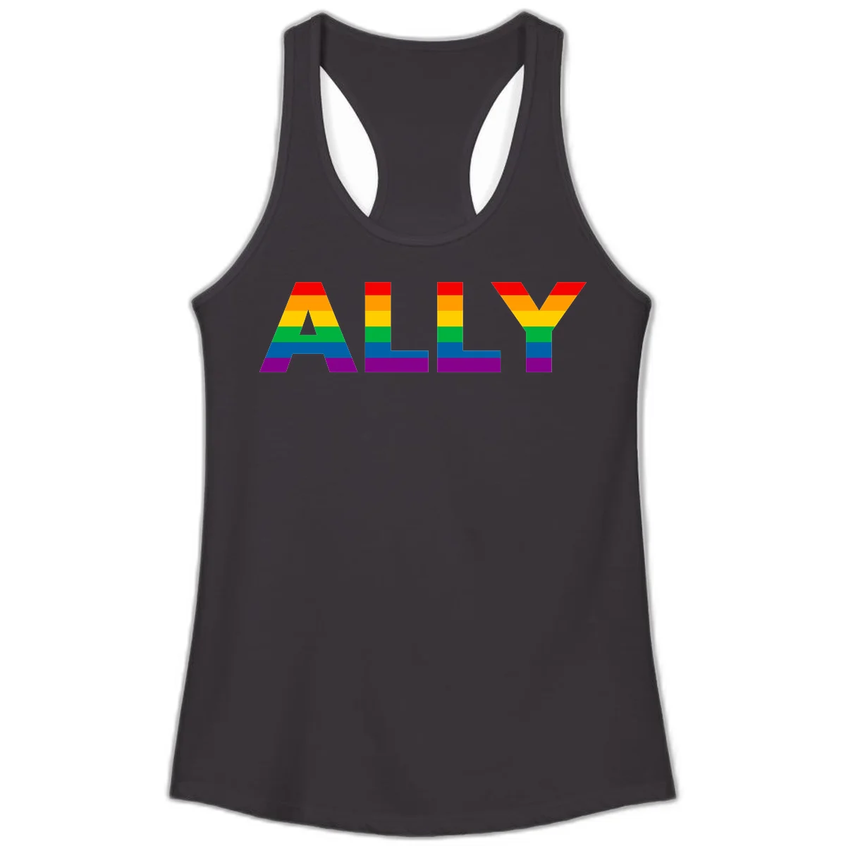 Rainbow-colored letters spelling ALLY with pride flag horizontal stripes in red, orange, yellow, green, blue, and purple in Black